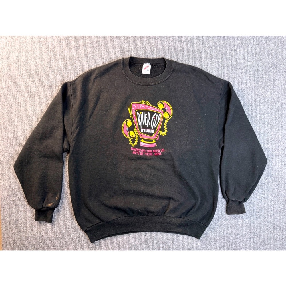 Vintage 90s Jerzees Sweatshirt XL Mens Black River City Studio Graphic USA Made